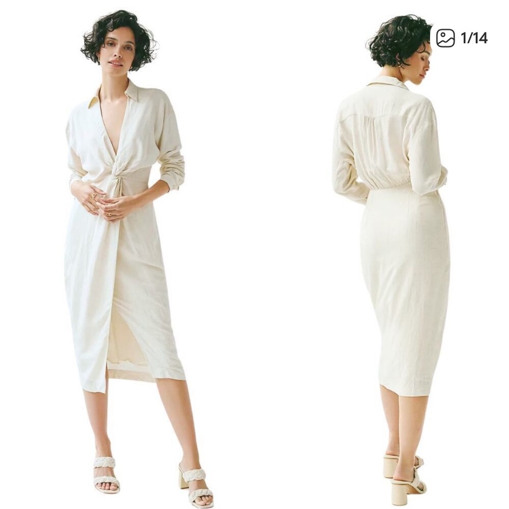 Anthropologie Dress Womens Size 00 White Midi V-Neck Knot Long Sleeve Shirt